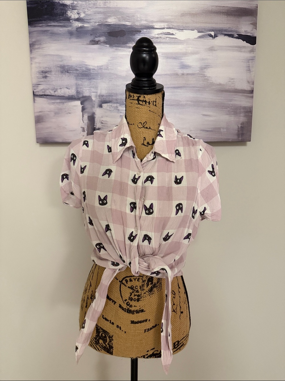 Light Pink Checkered Tie-Front Button-Down Top with Cat Motif